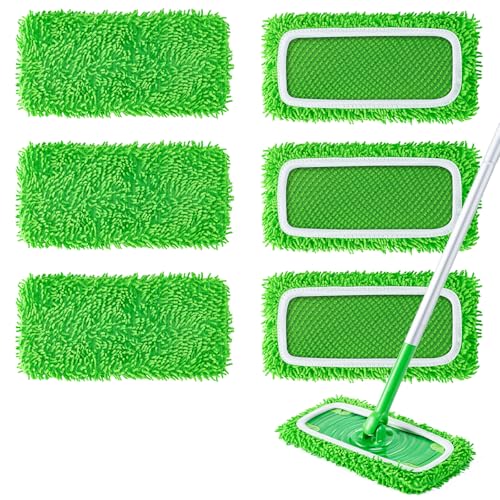 Yunzt 6Pcs Reusable Microfiber Mop Pads Compatible with Swiffer Sweeper Mop Replacement Dry & Wet Mopping Cloths for Hardwood/Stone Floor Cleaning-Green