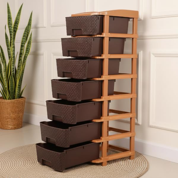 Image of KITCHIVO Plastic Modular Drawer Storage Chest Of Drawers Organizer Storage Box, Large Stomo Racks For Multipurpose Anti-slip Shoes Organizers (Brown, 7 Layer)