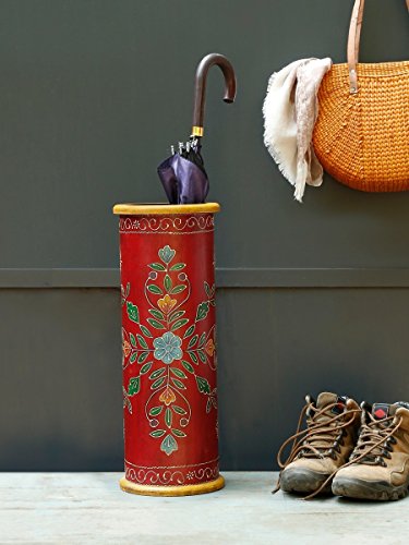 STORE INDYA Hand Crafted Wooden Umbrella/Walking Canes Stand Rack Holder with Hand Painted Red Floral Design Antique Handmade Storage Organizer
