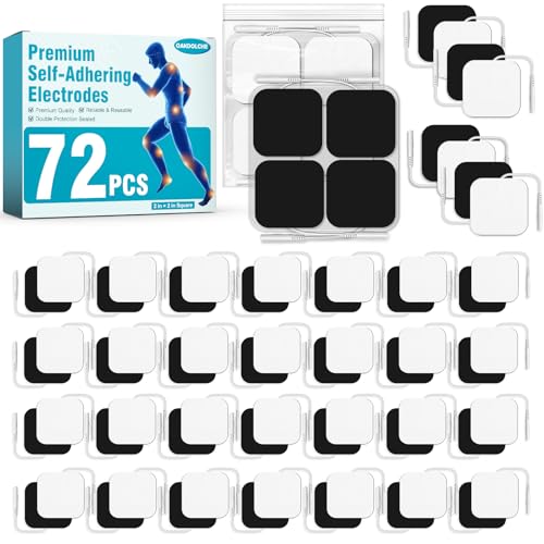 Image of 72PCS TENS Unit Pads (2 inchx2 inch), Reusable Self-Adhesive Electrodes Pads with 0.2mm Connector, Latex-Free, Hypoallergenic & Compatible with TENS /EMS