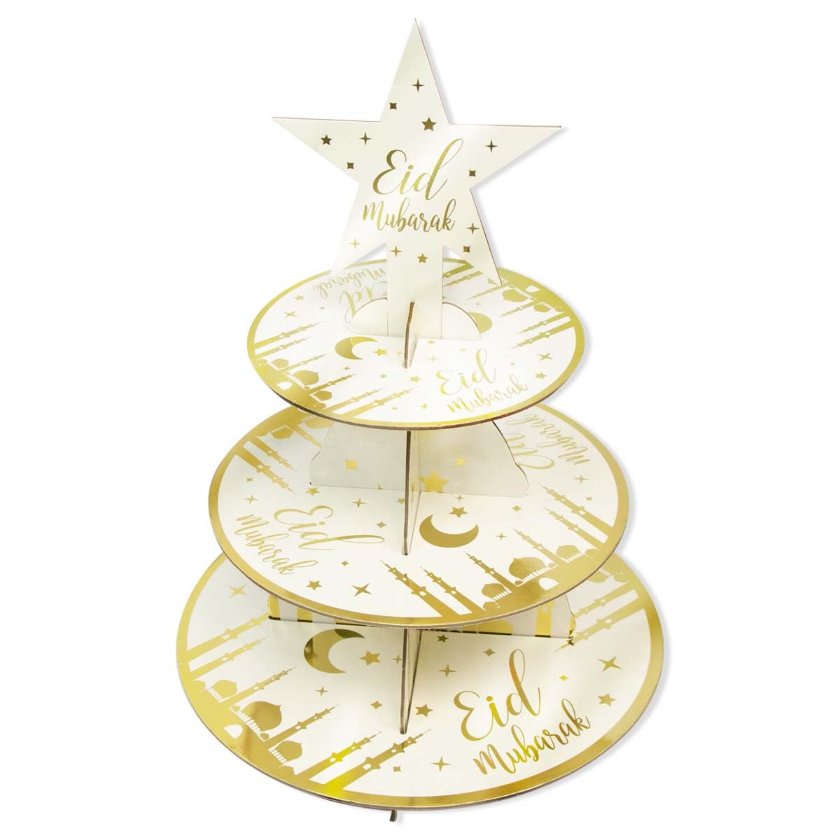 Al-Muallim Books Gold Foil Eid Mubarak 3-Tier Cupcake Stand – Elegant Dessert Display for Ramadan