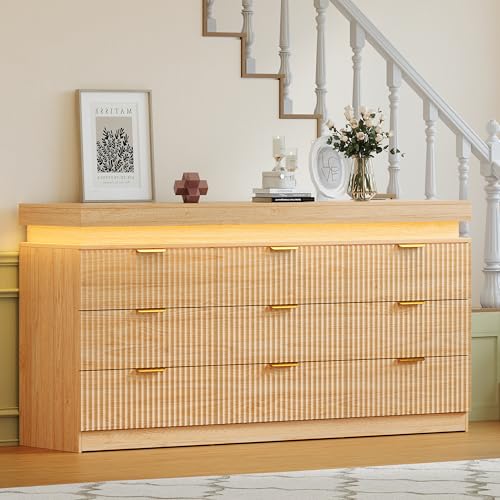 Image of 9 Drawer Dresser with LED Lights and Charging Station, 63 inch Wide Fluted Dresser for Bedroom, Modern Wood Chest of Drawers for Closet Dresser TV Stand for Living Room, Entryway, Natural Oak