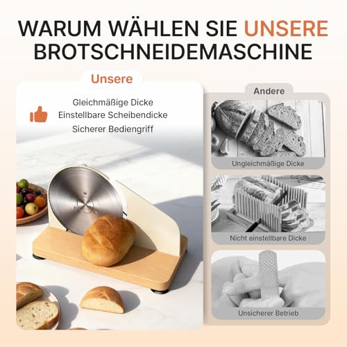 Brotschneidemaschine Manuell mit Skalenlinien & Saugnäpfen, Einstellbare Dicke Gleichmäßige Scheiben, Rostfreien Stahlklinge Design für Private und Kommerzielle Nutzung(Beige)