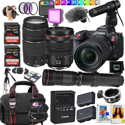 Canon EOS R5 C Mirrorless Cinema Camera + Canon RF 24-105mm f/4 L is USM and EF 75-300mm f/4-5.6 III Lens + 420-800mm Telephoto Lens + 256 GB Memory Card + More (18pc Bundle) (Renewed)