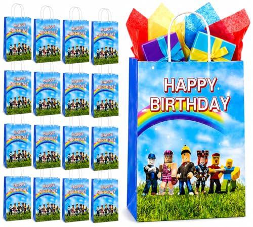 16 Pcs Game Theme Gift Bags with Handles Goodie Bags Party Favor Bags Paper Bags with Handles for Candies Treaty Gifts and Return Gift Pixel Birthday Party Favors Video Game Birthday Party Supplies