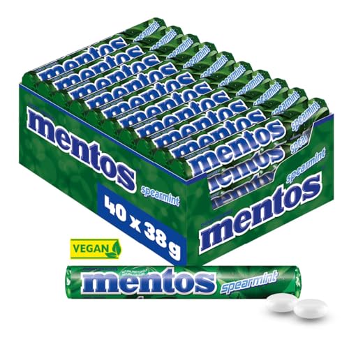 Mentos Kaubonbons Spearmint, Dragees mit Spearmint-Geschmack für frischen Atem, Multipack, Bonbon Vorrats-Packung (40 Rollen), vegan 1