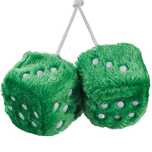 Image of 2.95'' Retro Fuzzy Plush Dice Car Charm Square Rear View Mirror Hanging Ornament Accessories, Green