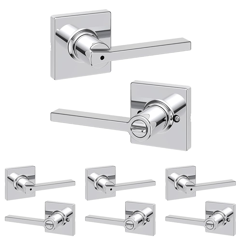 Kwikset Casey Interior Privacy Door Handle with Lock, Door Lever for Bathroom and Bedroom, Polished Chrome Reversible Keyless Turn Lock (Pack of 4)
