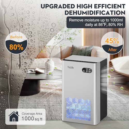 Image of ToLife Dehumidifier, 1000 Sq Ft 95 oz Tank with Sleep Mode, Auto Shutoff
