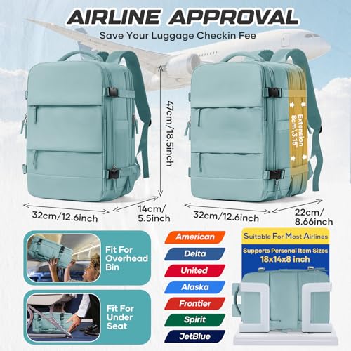 Image of Travel Backpack with Compression Vacuum Storage Bag & Electric Pump, Expandable Flight Approved Carry On Backpack, 18x14x8 inches Personal Item Travel Bag for Men Women, Blue