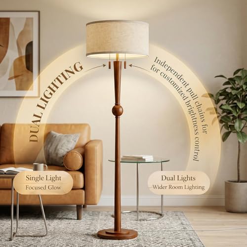 Image of MOFFE Solid Wood Floor Lamp for Living Room with Wooden Pull Chains