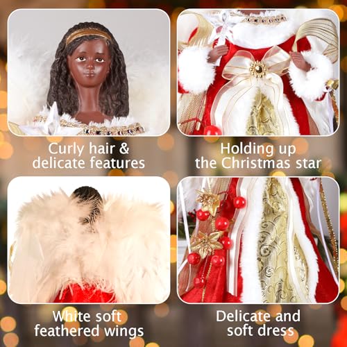 Ángel afroamericano para árbol de Navidad negro de 12 pulgadas con control remoto y luces 7