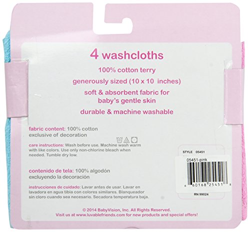 Image of Luvable Friends Unisex Baby Super Soft Cotton Washcloths, Pink Elephant, One Size