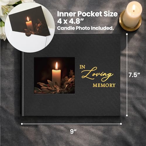Image of Funeral Guest Book, in Loving Memory Sign in Book with Photo Slot | 330 Entries, Table Sign Card Included, Gold Stamping, Twill-Textured Paper Cover, Celebration of Life Keepsake, 9x7.5 inch, Black