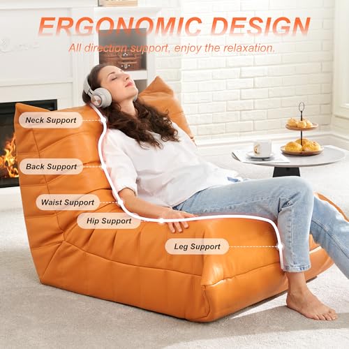 Hobestluk Giant Bean Bag Chair Lazy Floor Sofa, Memory Foam Fireside Sofa for Adults, Big Beanbag Faux Leather Armless Chair for Living Room Bedroom Dorm Office (Orange, Single)