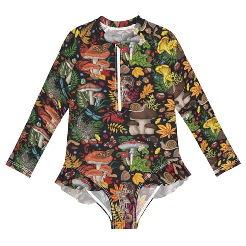 JHKKU Girls Long Sleeve Mushrooms Plants Insects Swimsuit One Piece Zipper Rash Guard Bathing Suit with UPF 50+ Sun Protection Ruffle Swimwear 4T