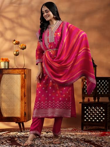 Image of Libas Womens Printed Silk Blend Straight Kurta With Trousers and Dupatta | daily wear suit