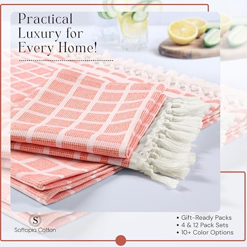 Image of Matrix Dobby Kitchen Towels 4 Pack 100% Cotton, 16x26 Inches, Decorative Tea Towels with Handmade Tassels, Absorbent, Reusable Dish Cloths for Drying Dishes - Bright Orange, Natural