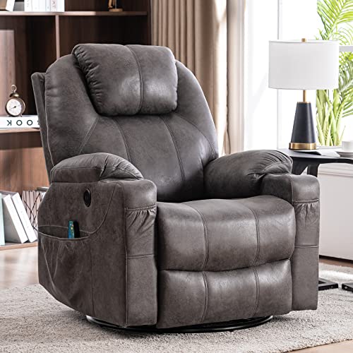 Image of MEETWARM Swivel Rocker Massage Recliner Chair with Heat Ergonomic, Manual Glider Rocking Recliner Chair, 360° Swivel Lounge Reclining Chair with 4 Pockets/Cup Holders/Remote Control/USB Ports (Gray)