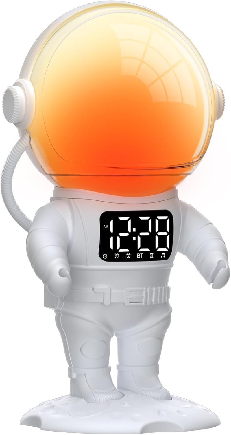 Astronaut Sunrise Alarm Clock for Kids, White Noise Sound Machine with 30 Soothing Sounds, 22 Dimmable Nightlights, Bluetooth Speaker, Dual Alarms, Wake Up Light for Bedroom, Heavy Sleeper, Adults