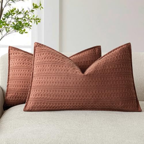 Image of Foindtower Set of 2 Decorative Cotton Waffle Weave Lumbar Throw Pillow Covers Euro Shams Cushion Covers Accent Pillowcase for Bed Couch Sofa Bedroom Living Room Home Decor 12x20 Inch Fall Rust Orange
