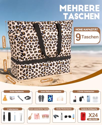 ISEYOU Strandtasche XXL Familie mit Kühltasche, Groß Strandtasche mit Reißverschluss Wasserdicht Sanddicht, Handtasche Damen 49L, Faltbar Badetasche für Urlaub Reisen Fitnessstudio Picknick