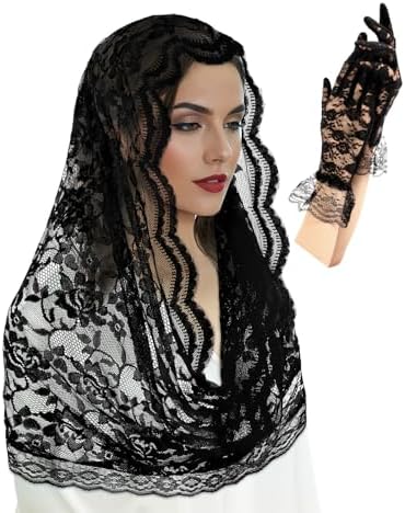 BOARDFEB 2 Pcs Black Lace Veil Church Mantilla Catholic Veilss Bridal Wedding Veils Halloween Veil Gloves