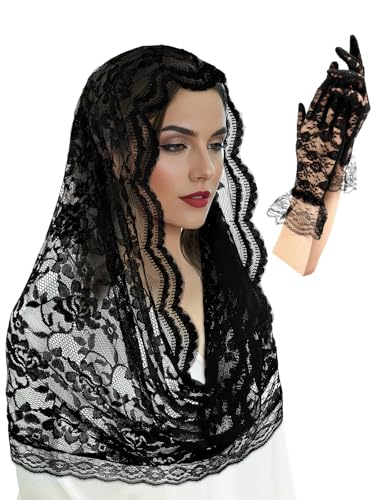 BOARDFEB 2 Pcs Black Lace Veil Church Mantilla Catholic Veilss Bridal Wedding Veils Halloween Veil Gloves