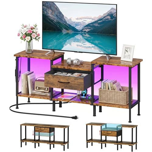 Image of GYIIYUO 47 inch TV Stand for 55 /50 /45 Inch TVs, Rustic Brown | Power Outlet, LED Light, Fabric Drawers, Open Storage, Industrial Style, Living Room & Bedroom