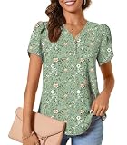 CATHY Womens Casual Summer Tops Dressy Petal Short Sleeve Chiffon Shirts Button Up V Neck Tunic Blouses, M, Flower Sparrow+Green