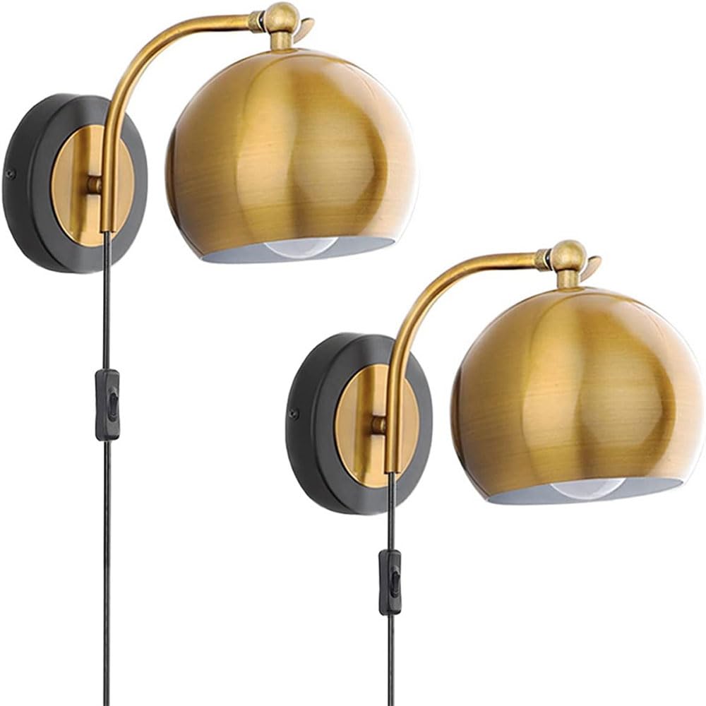 ICEMOB Gold Wall Sconces Plug in Lighting Fixture,E26 Industrial Vintage Boho Adjustable Wall Lights,Set of 2 Pack Wall Lamp Bedside Lamp Bathroom Vanity Lights