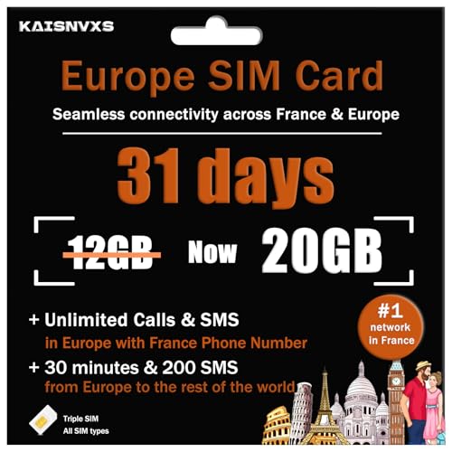 Prepaid SIM Card for Europe Travel with 20GB of 4G Data, Unlimited Calls and SMS in Europe with France Phone Number, 30 mins and 200 SMS from Europe to Worldwide(Lasts for 31 Days),Tethering Allowed