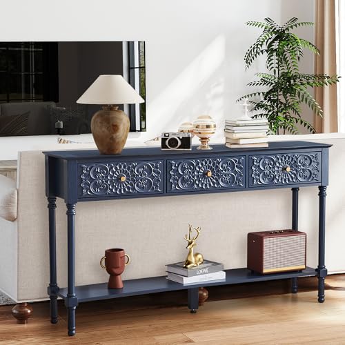 weselon 55.5' Carved Console Table with 3 Drawers, 2-Tier Sofa Table with Glossy...