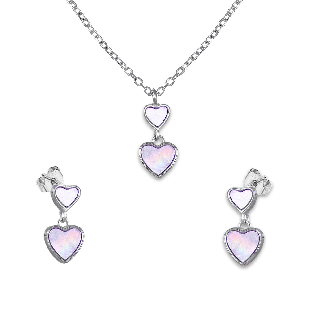 Sakrami Parure di gioielli in Argento 925 da Donna, Collana e Orecchini con cuori in Madreperla, per Donna e Ragazza Amica Mamma, per Compleanno Anniversario Comunione Cresima San Valentino