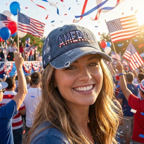 Image of Jeyiour 4 Pcs 4th of July America Baseball Cap Patriotic Flag Baseball Hat Adjustable Cotton Red White Blue Independence Day 250th Anniversary Outfits for Men Women USA
