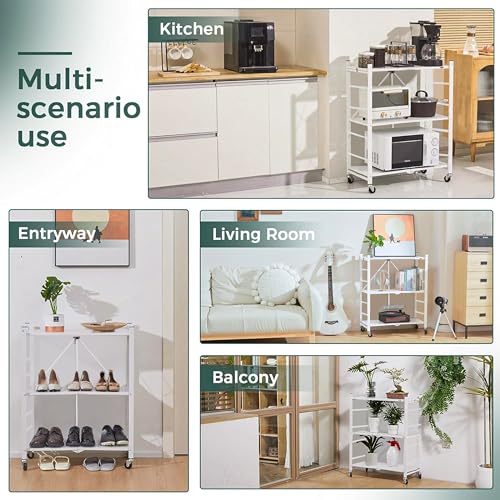 Image of ABOUT SPACE 3 Tier Pre - Assembled Multipurpose Foldable Kitchen Storage Rack with Wheels | Metal Shelf Rack for Storage Upto 90kg| L 75 x B 36 x H 85 cm Steel Rack for Home, Office, Garage - White
