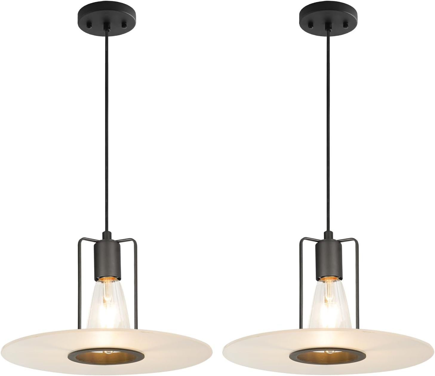 Modern Glass Dish Pendant Light Fixture Set of 2, Black Pendant Lights Kitchen Island, Kitchen Pendant Lighting over Island, Matte Black Pendant Lights over Table, Adjustable Hanging Light Fixture