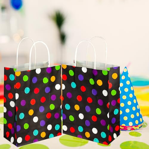 Image of BLEWINDZ 32Pcs Small Gift Bags with Tissue - Polka Dot Black Party Gift Bags with Handles, Colorful Rainbow Paper Goodie Bag for Party Favors, Kids Birthday