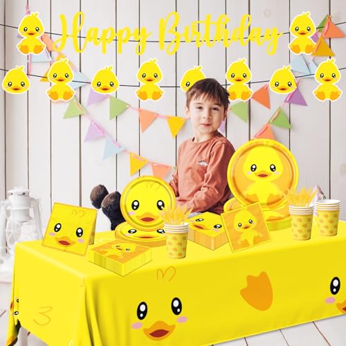 Rubber Duck Party Supplies,Happy Birthday Duckie Tableware Set Duck Plates Yellow Baby Shower Napkins Cups for Waddle It Be Gender Reveal Party,One Lucky Duck Birthday Decorations