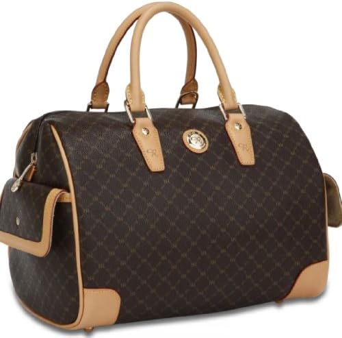 Rioni Brown Signature Large Canvas Bowler Boston Bag Handbag w/ Leather Trim