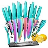 Hysenss Christmas Gift 17 PCS Kitchen Knife Set,Rainbow Titanium Cutlery Knife Set,High Carbon S.S...