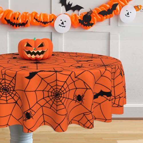 SuQKXCo Halloween Spider Web Orange Tablecloth 60" Dia. Spill-Proof Kitchen Party Cover