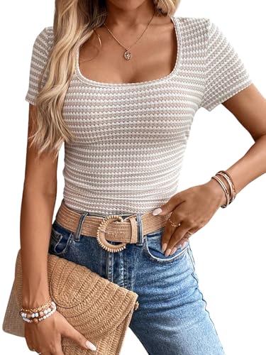 Women Summer Short Sleeve Shirts Ruched Tops Sexy Square Neck Blouses Going Out Knit T Shirt Basic Tees2