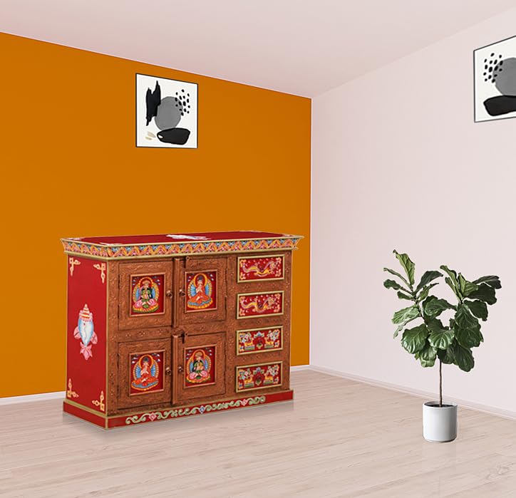Image of APRODZ Hand-Painted Solid Wood Sideboard Cabinet with Multi Drawers | Wooden Storage Cabinet for Bedroom Living Room & Kitchen | Crockery Cabinet, Kitchen Storage | Multicolor, 45x16x36 Inches