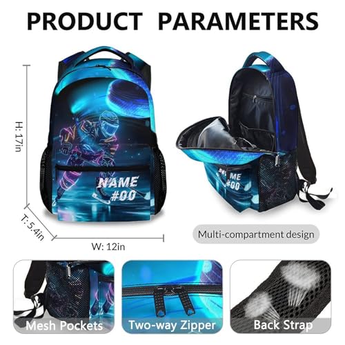 Kids Boys Backpack, Custom Hockey Backpacks, Cool Sports Backpack Lunch Box, Set of 3 Custom Ice Hockey Schoolbag for Boys Girls, 17 Inch Student Bookbag and Pencil Case Bundle for Travel School2
