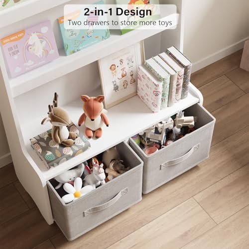 Image of WISUCART Kids Bookshelf and Toy Storage Organizer, 3 Tier Bamboo Todders Book Shelf Large Book Rack for Child Room Playroom Nursery for Kids, Children, Toddlers (White)