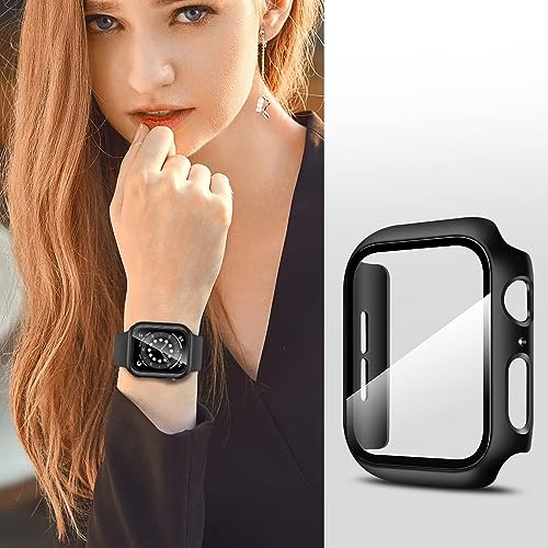 Image of VEMIGON Hard PC Case Compatible with Apple Watch SE3 /SE2 /SE /Series 6 /5 /4 44mm with Tempered Glass Screen Protector, Overall Protection Slim Bumper Cover for iWatch - (44mm Black)