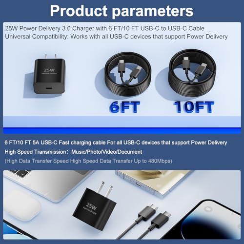 Image of 25W Type C Super Fast Charger,Fast Charger USB C with 2 Pcs 6FT Android Charger Cable Cord Suitable for Samsung Galaxy S25 /S24 S23 S22 S21 Ultra /S20 /S20 Ultra /Note 20 Ultra (25 W Black)