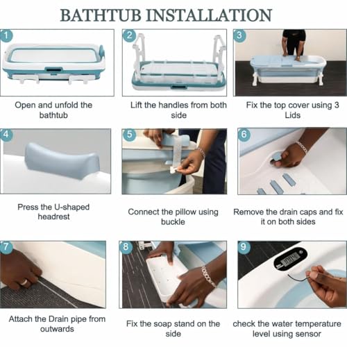 Image of Large bathtub for adults 6 Feet Foldable bath tub for bathroom with Temperature Meter and bath pillow 148Lx62Wx50H CM Hot and ice bath tub spa for home Portable Free standing adult bathtubs