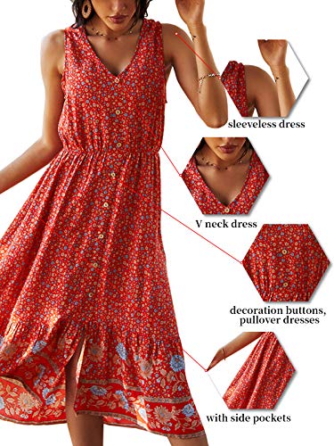 Image of TEMOFON Women Dress Summer Sleeveless Bohemian: Floral V Neck Button Down Flowy Boho Dresses S-XL